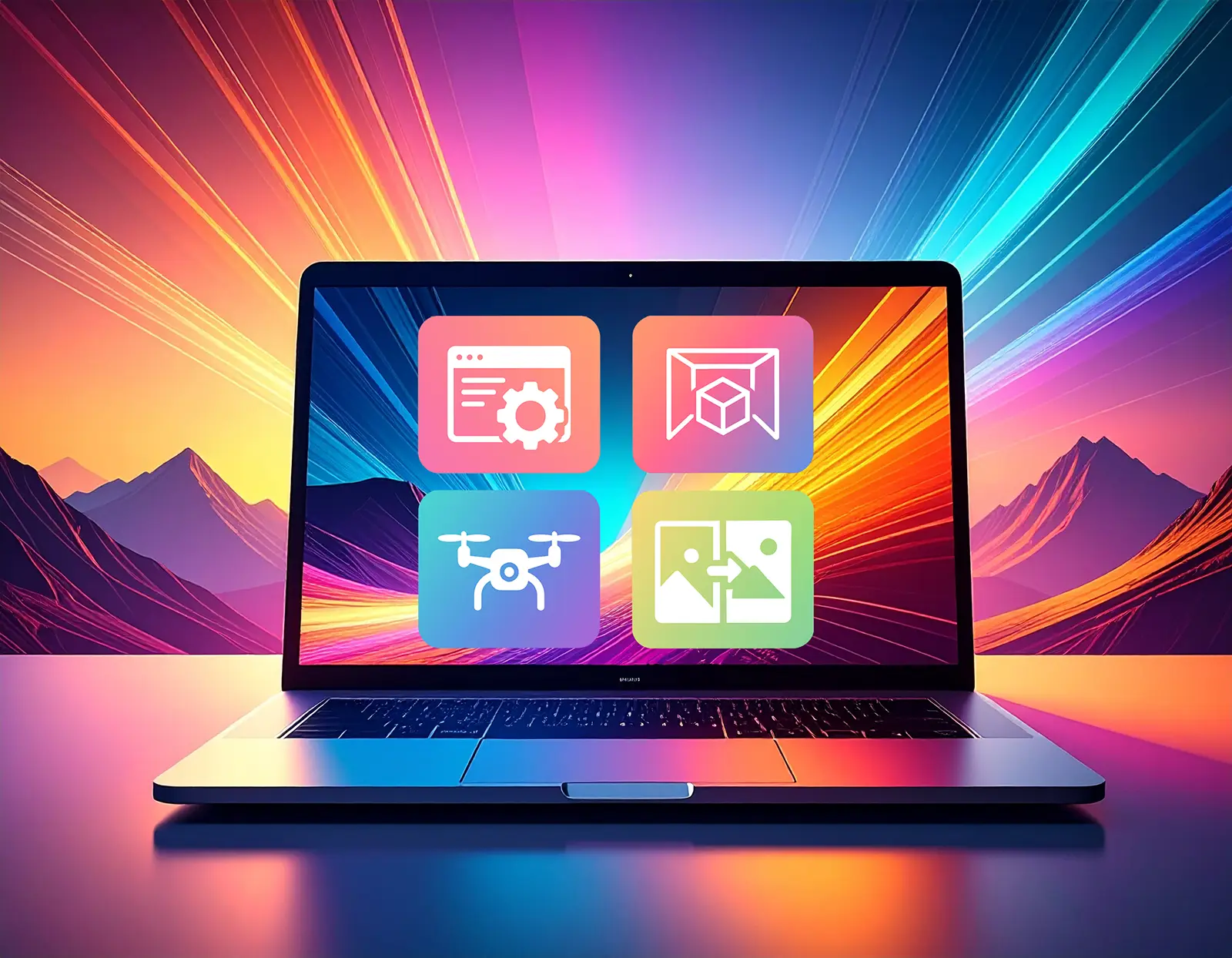 Eisen-IT: Innovative IT-Lösungen und Webdesign aus Schwäbisch Gmünd MacBook mit vier farbigen Icons für Webdesign, 3D-Visualisierung, Drohnentechnologie und Bildbearbeitung vor einem futuristischen, farbenfrohen Hintergrund.